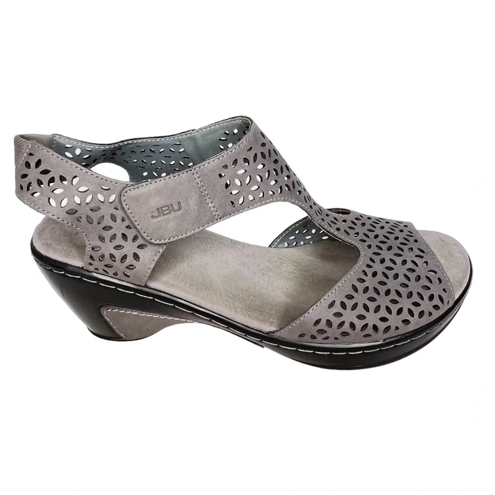 JBU by Jambu Chloe Gray Vegan Leather Laser Cut Wedge Sandals With Memory Foam 9